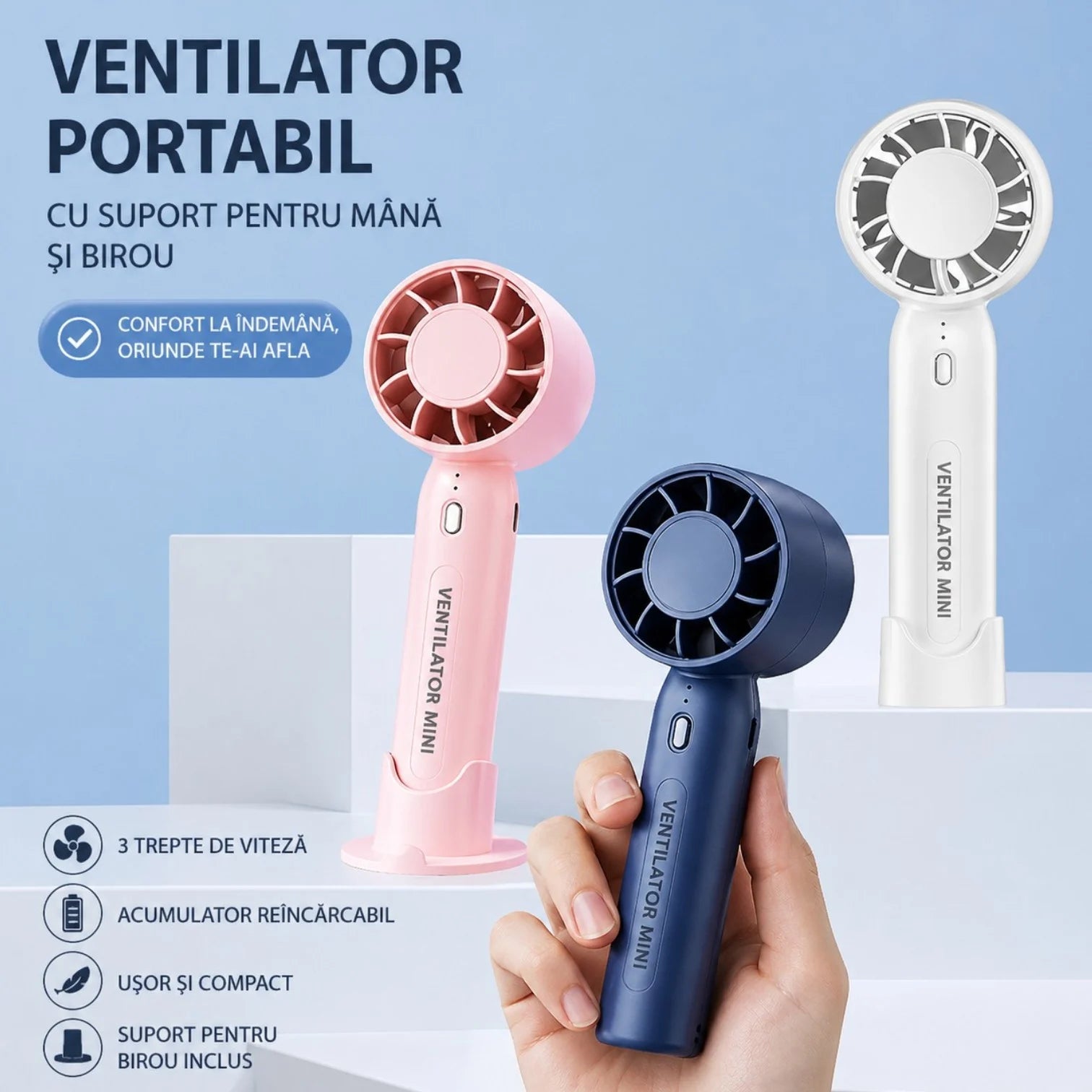 Ventilator Portabil Mini 16.5cm, USB, 3 Viteze, cu Suport Telefon, Diferite Culori Engros
