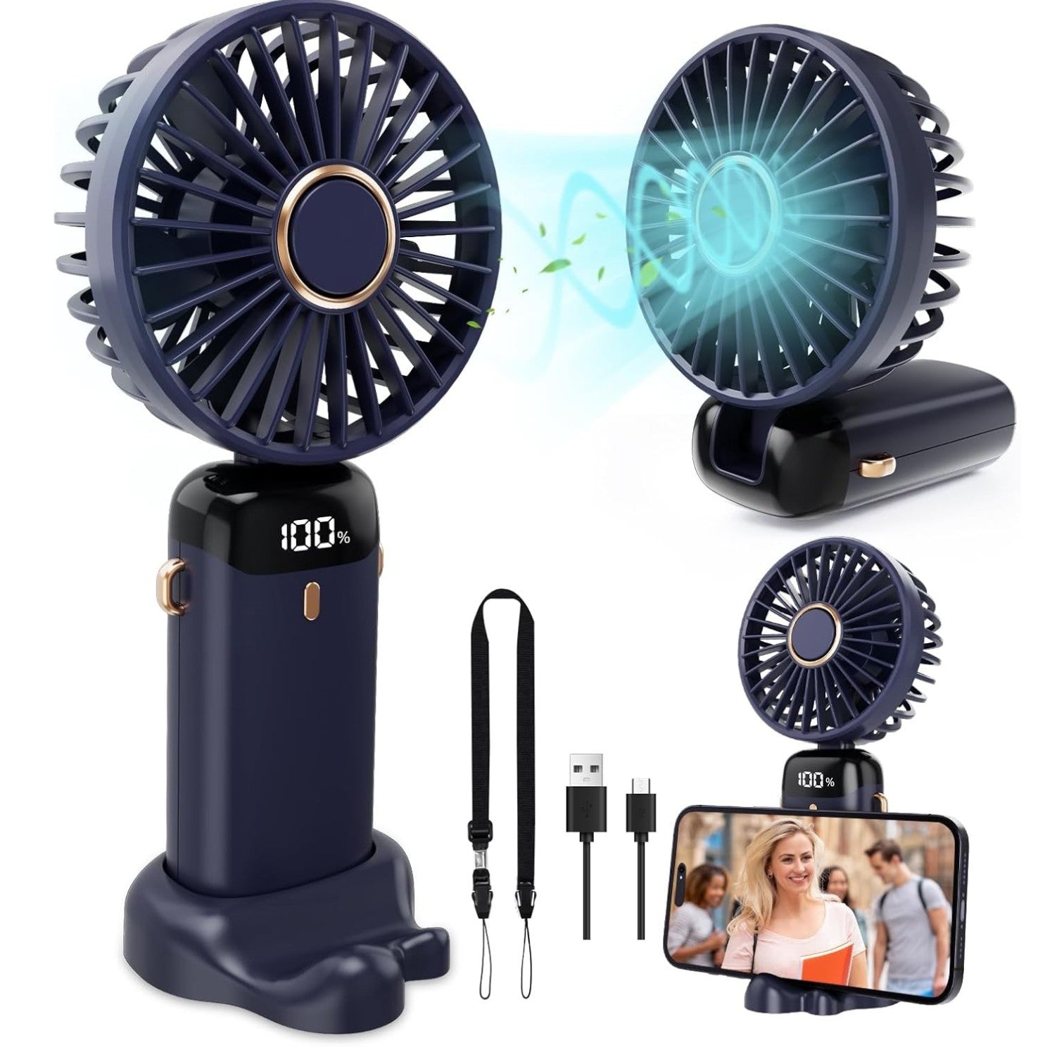 Ventilator Portabil 18.5cm, cu Suport Telefon, USB Reîncărcabil, Display LED și Agățătoare, Viteze Reglabile, Diferite Culori Engros
