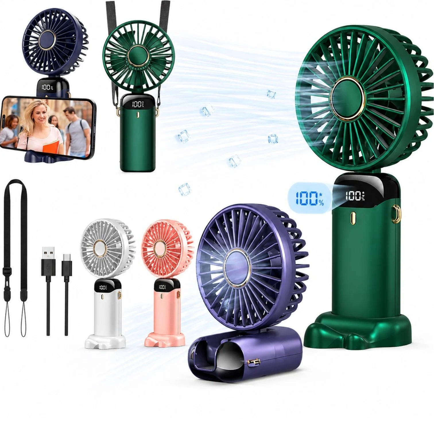 Ventilator Portabil 18.5cm, cu Suport Telefon, USB Reîncărcabil, Display LED și Agățătoare, Viteze Reglabile, Diferite Culori Engros