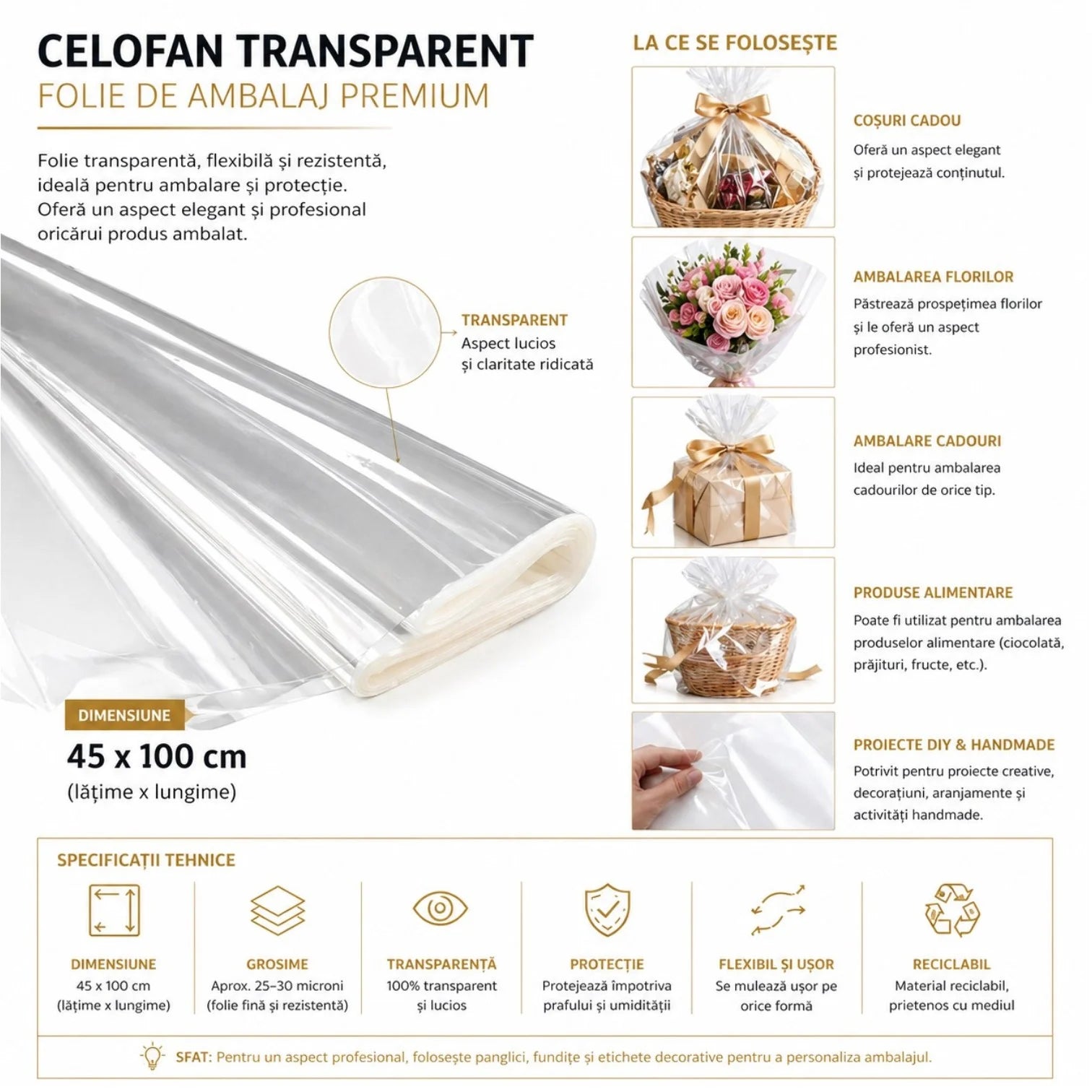 Celofan Transparent 45x100cm pentru Ambalare 500/set, Cadouri, Flori și Coșuri Cadou Engros