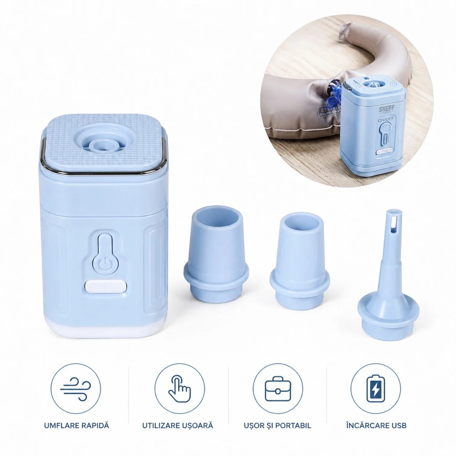 Pompă Electrica Portabilă 7.5x5cm, cu 3 Duze, pentru Umflare și Dezumflare Rapidă, Diferite Culori Engros