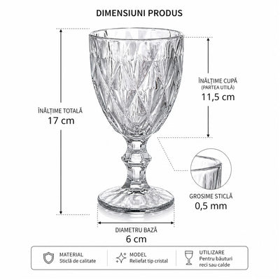 Pahar din Sticlă 6/set, cu Picior 17cm, Model Cristal Engros