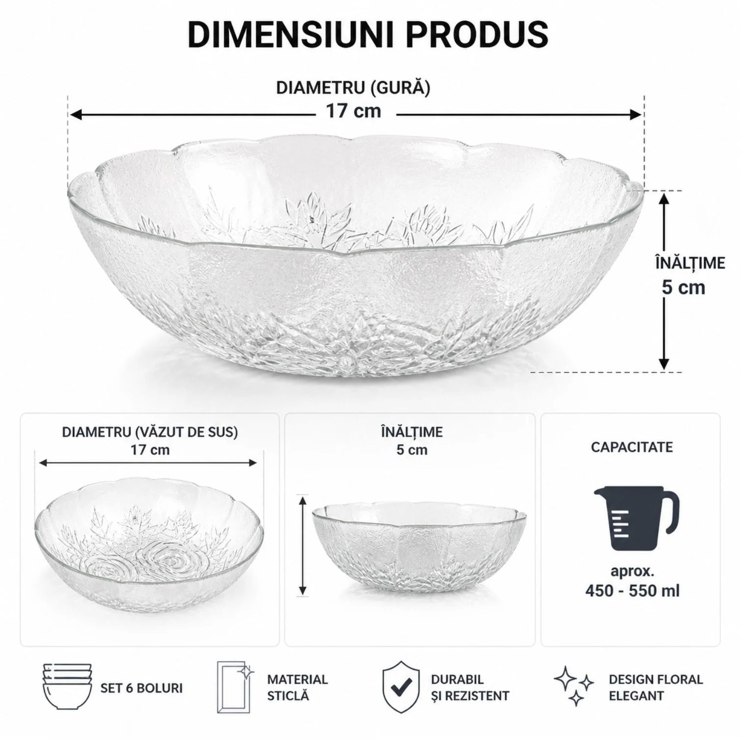 Bol din Sticlă 6/set, Model Floral 17x5cm Engros
