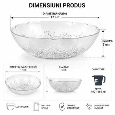 Bol din Sticlă 6/set, Model Floral 17x5cm Engros