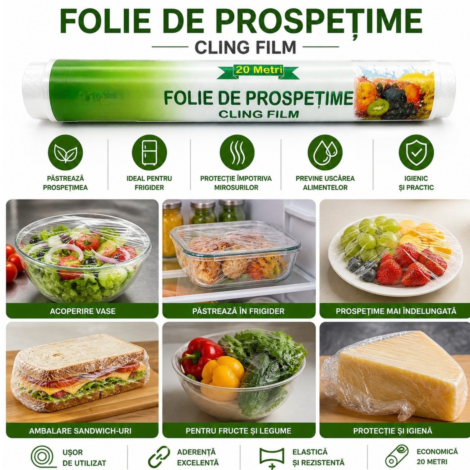 Folie Alimentară 20m, 29cm Latime, Transparentă, Rola Bucătărie pentru Ambalare Engros