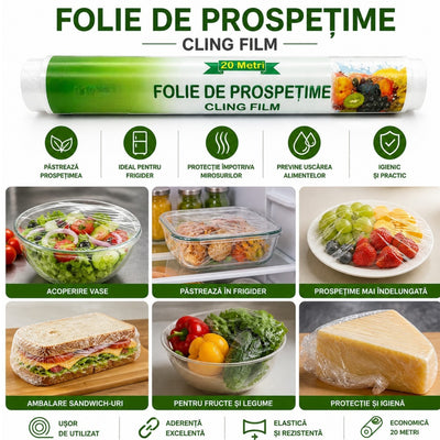Folie Alimentară 20m, 29cm Latime, Transparentă, Rola Bucătărie pentru Ambalare Engros