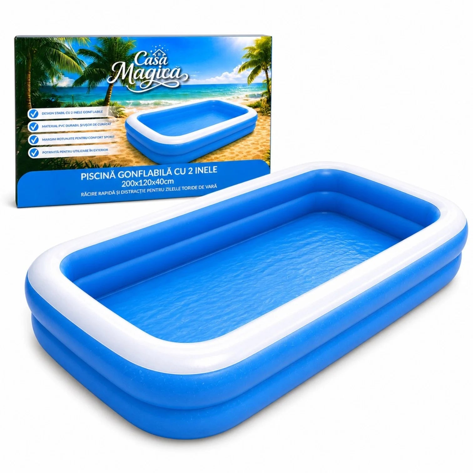 Piscina Gonflabila cu 2 Inele, 200x120x40cm, din Material PVC Rezistent Engros