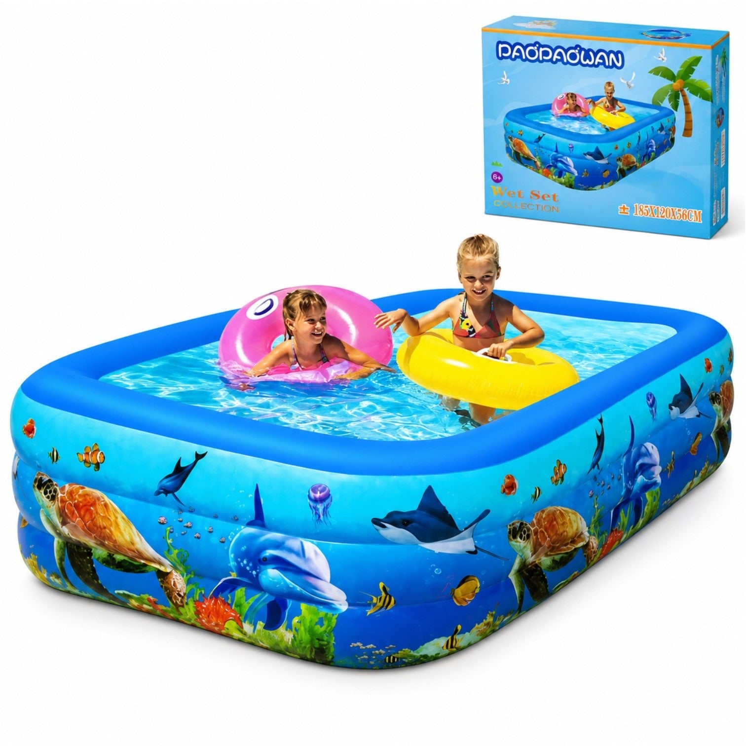 Piscină Gonflabilă 185x120x56cm, cu 3 Inele, Dreptunghiulară, Model Oceanic pentru Copii Engros