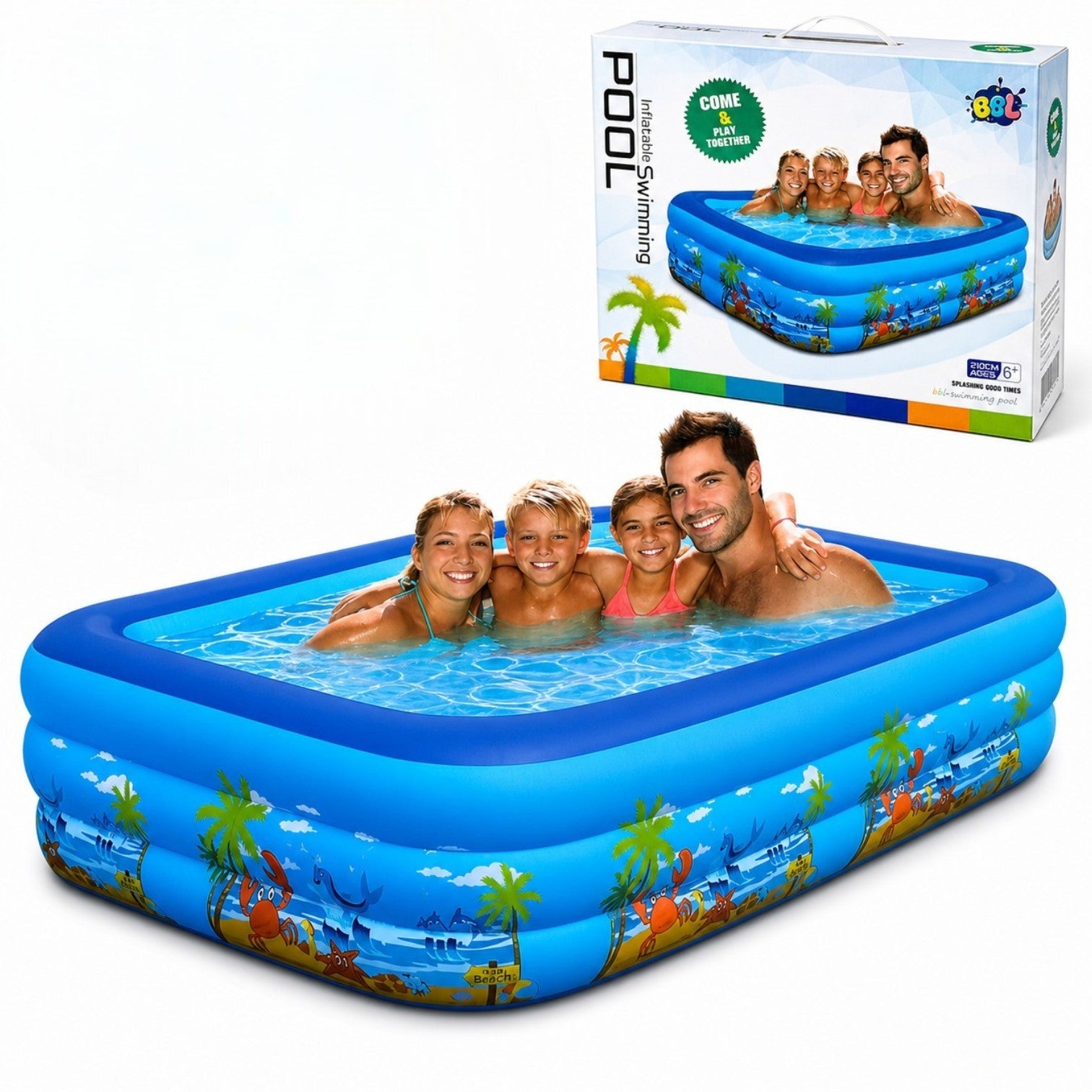 Piscina Gonflabila 210x135x54cm, cu 3 Inele, Dreptunghiulara, Model Oceanic pentru Copii, din PVC Rezistent Engros