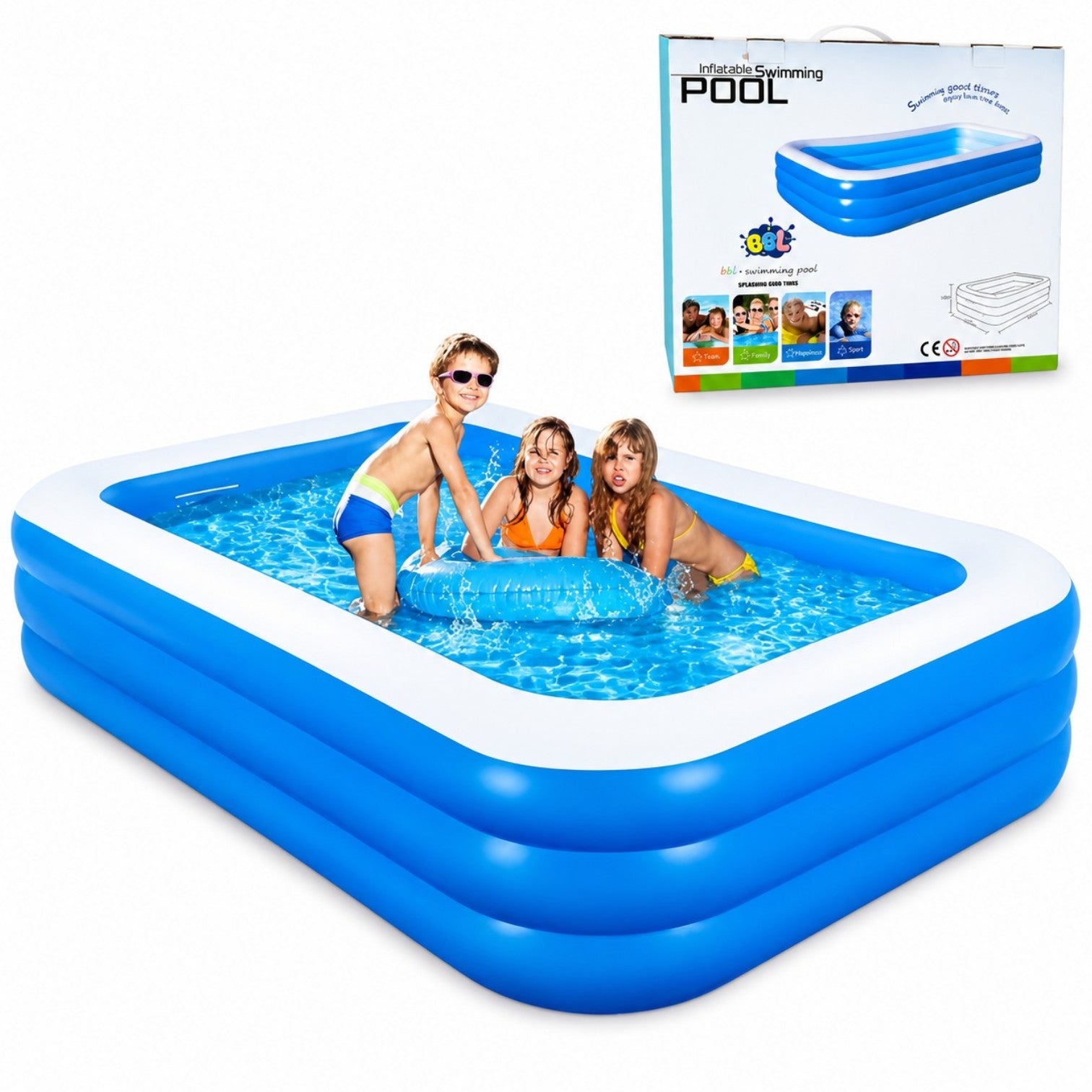 Piscina Gonflabila 305x172x54 cm, Dreptunghiulară cu 3 Inele pentru Copii, din PVC Rezistent Engros
