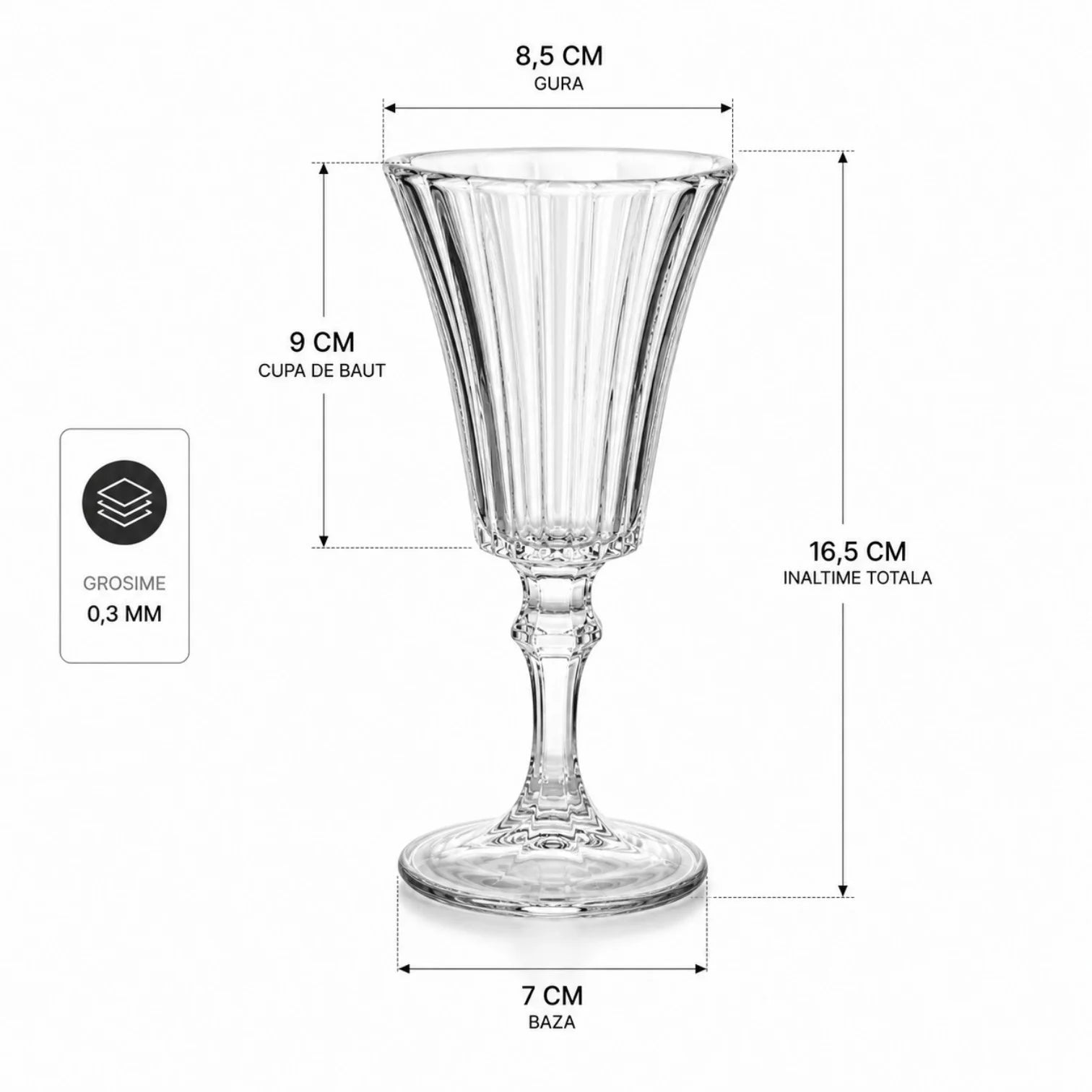 Pahar din Sticlă 16.5cm, cu Picior 6/set, Model Striat, Trasparent Engros