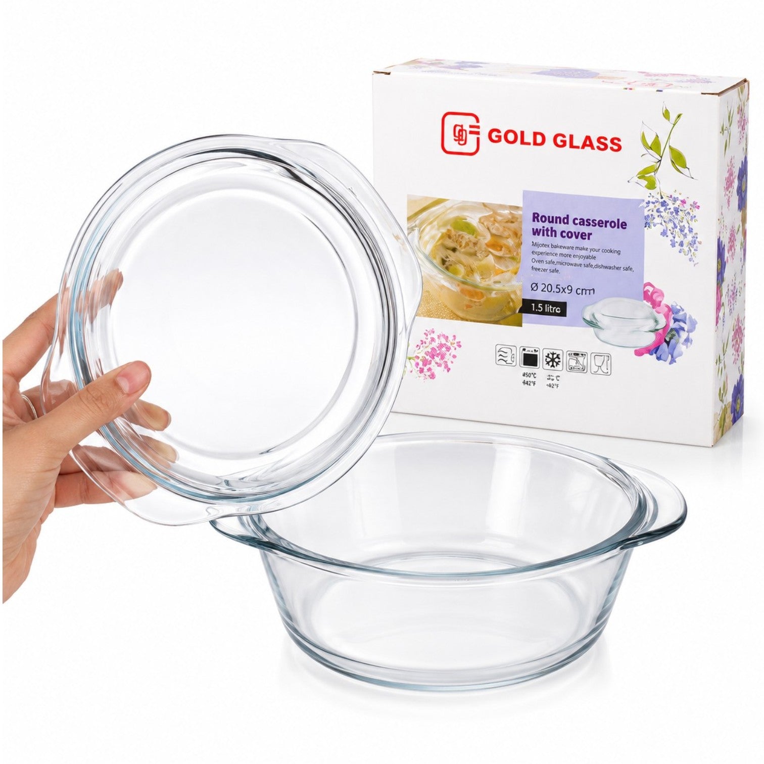 Vas Rotund 20.5x9cm cu Capac, din Sticlă Termorezistentă 1.5L, pentru Cuptor și Gătit, Model Transparent Engros