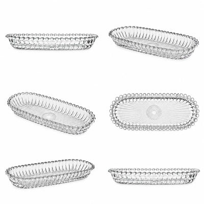 Platou Oval 14.5x6.5x2cm, din Sticlă 6/set, Model Embosat cu Margini Perlate, Transparent Engros