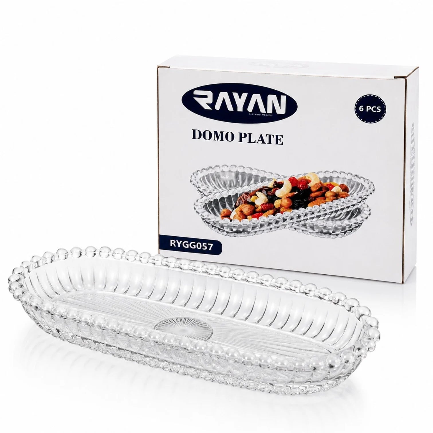 Platou Oval 14.5x6.5x2cm, din Sticlă 6/set, Model Embosat cu Margini Perlate, Transparent Engros