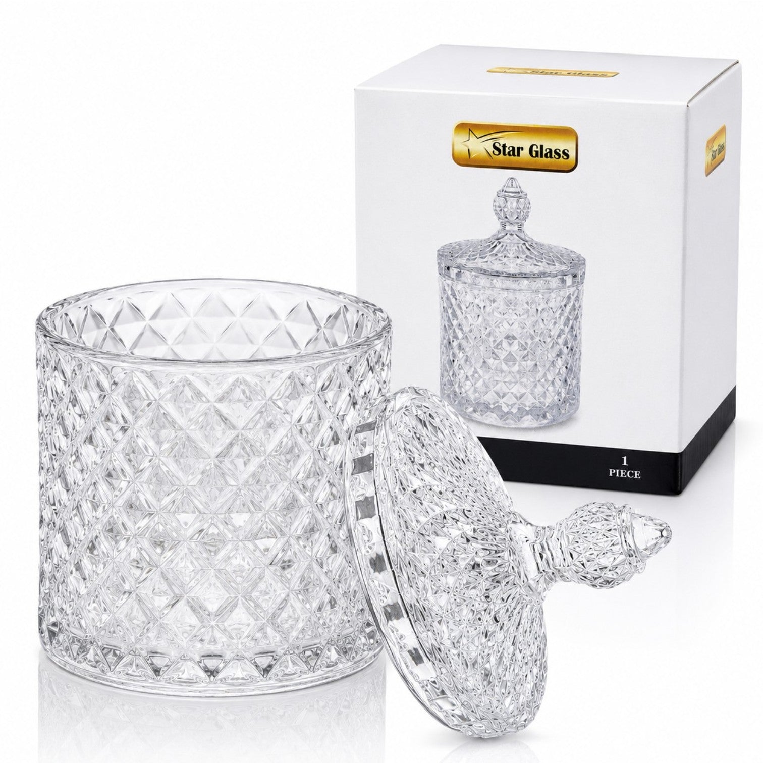 Recipient cu Capac 13.5cm, din Sticlă, Model Diamant, Transparent Engros