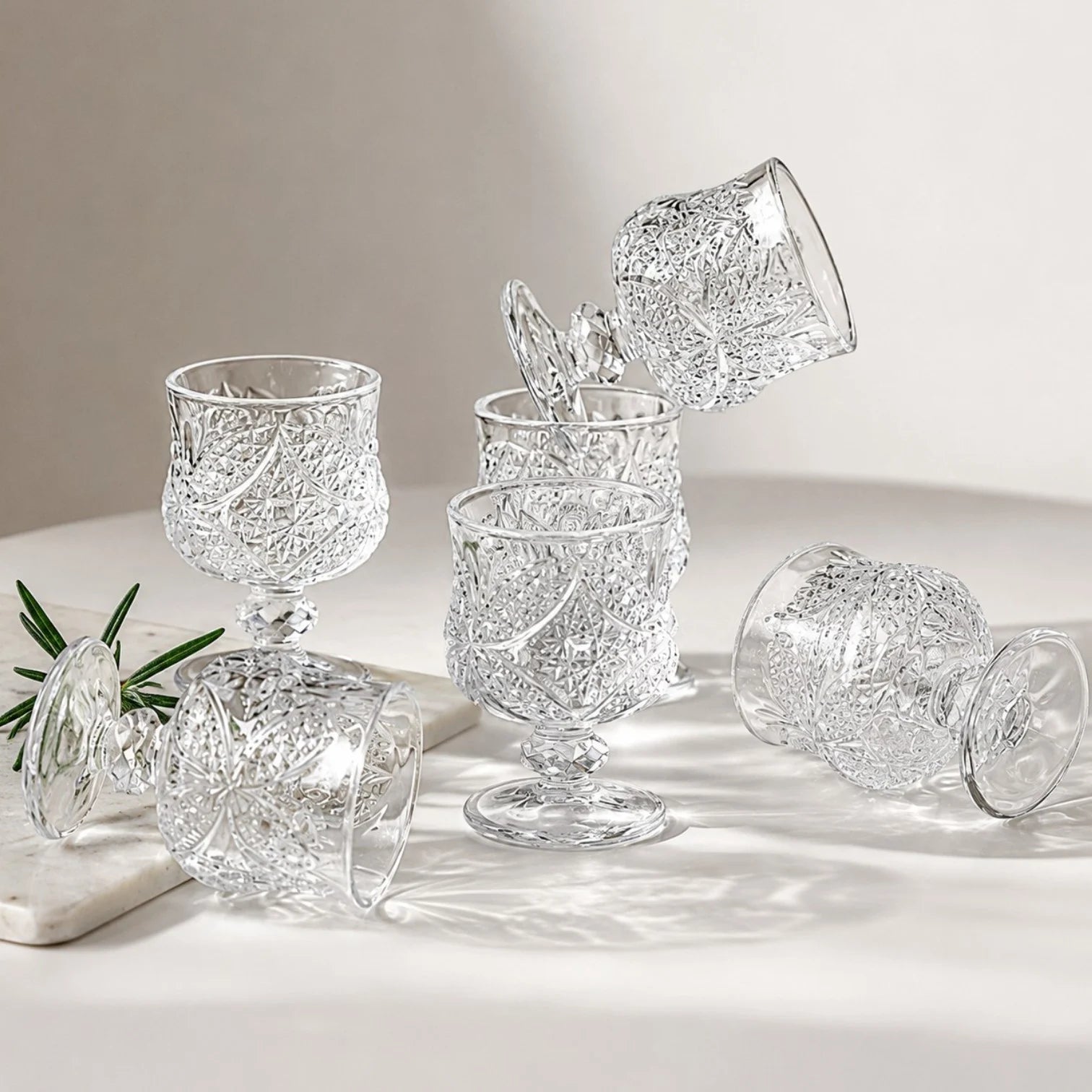 Pahar cu Picior 7cm, din Sticla 6/set, Model Floral, Transparent Engros