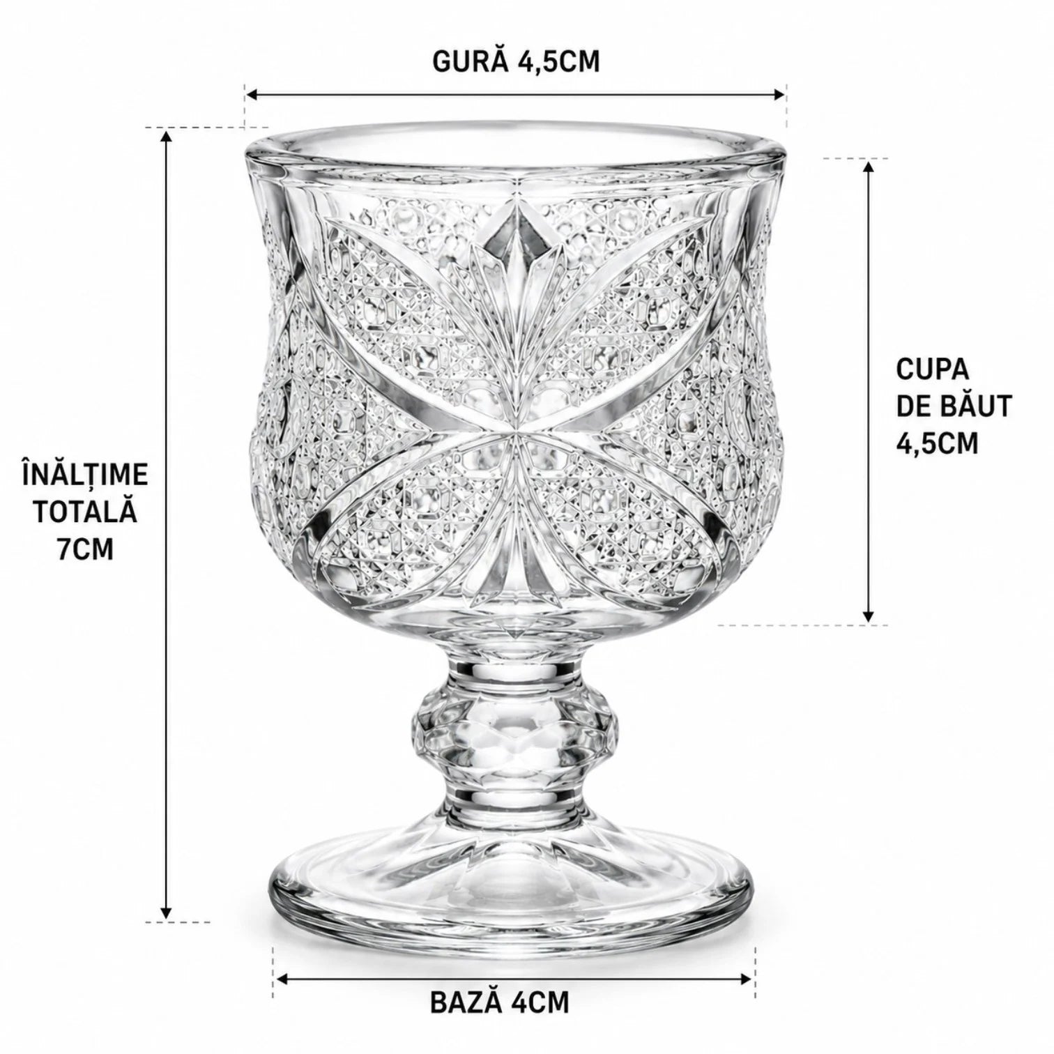 Pahar cu Picior 7cm, din Sticla 6/set, Model Floral, Transparent Engros