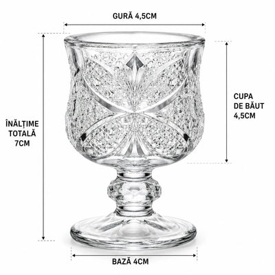 Pahar cu Picior 7cm, din Sticla 6/set, Model Floral, Transparent Engros