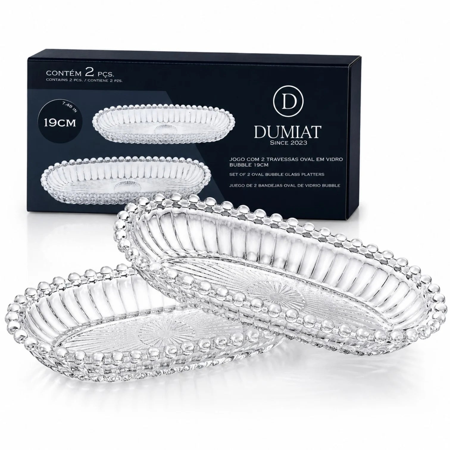 Platou Oval 19x8.5cm, din Sticlă 2/set, cu Margini Perlate, Transparent Engros
