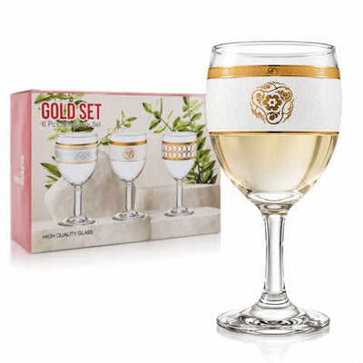 Pahar cu Picior 15cm, din Sticlă 6/set, Model Floral Auriu, Transparent Engros