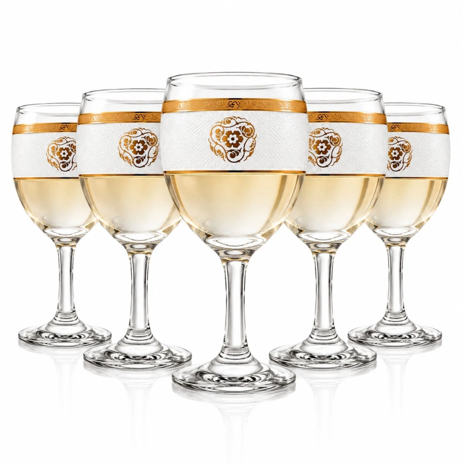 Pahar cu Picior 15cm, din Sticlă 6/set, Model Floral Auriu, Transparent Engros