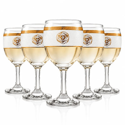 Pahar cu Picior 15cm, din Sticlă 6/set, Model Floral Auriu, Transparent Engros