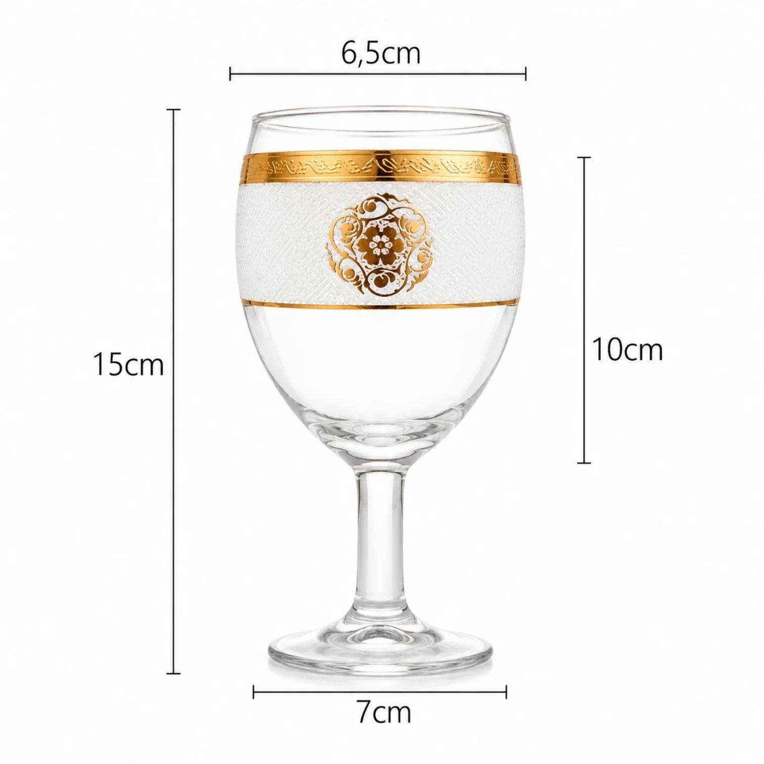 Pahar cu Picior 15cm, din Sticlă 6/set, Model Floral Auriu, Transparent Engros