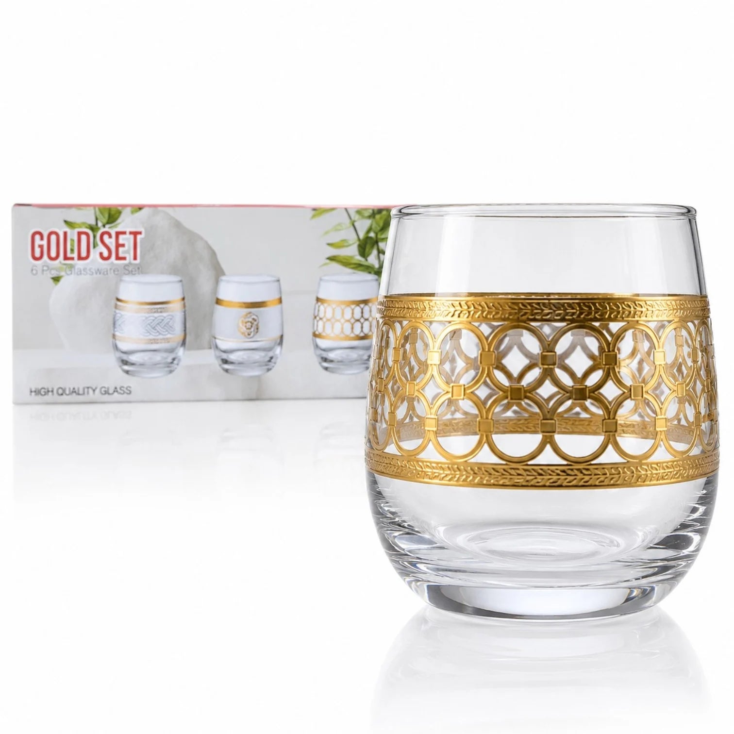 Pahar din Sticlă 9.5x7cm, Transparent 6/set, cu Model Auriu Engros