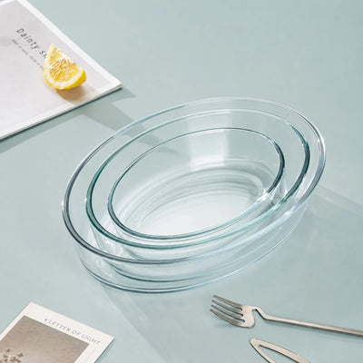 Vase Ovale din Sticlă 3/set, Termorezistente 35x24.6cm, pentru Cuptor și Servire Engros