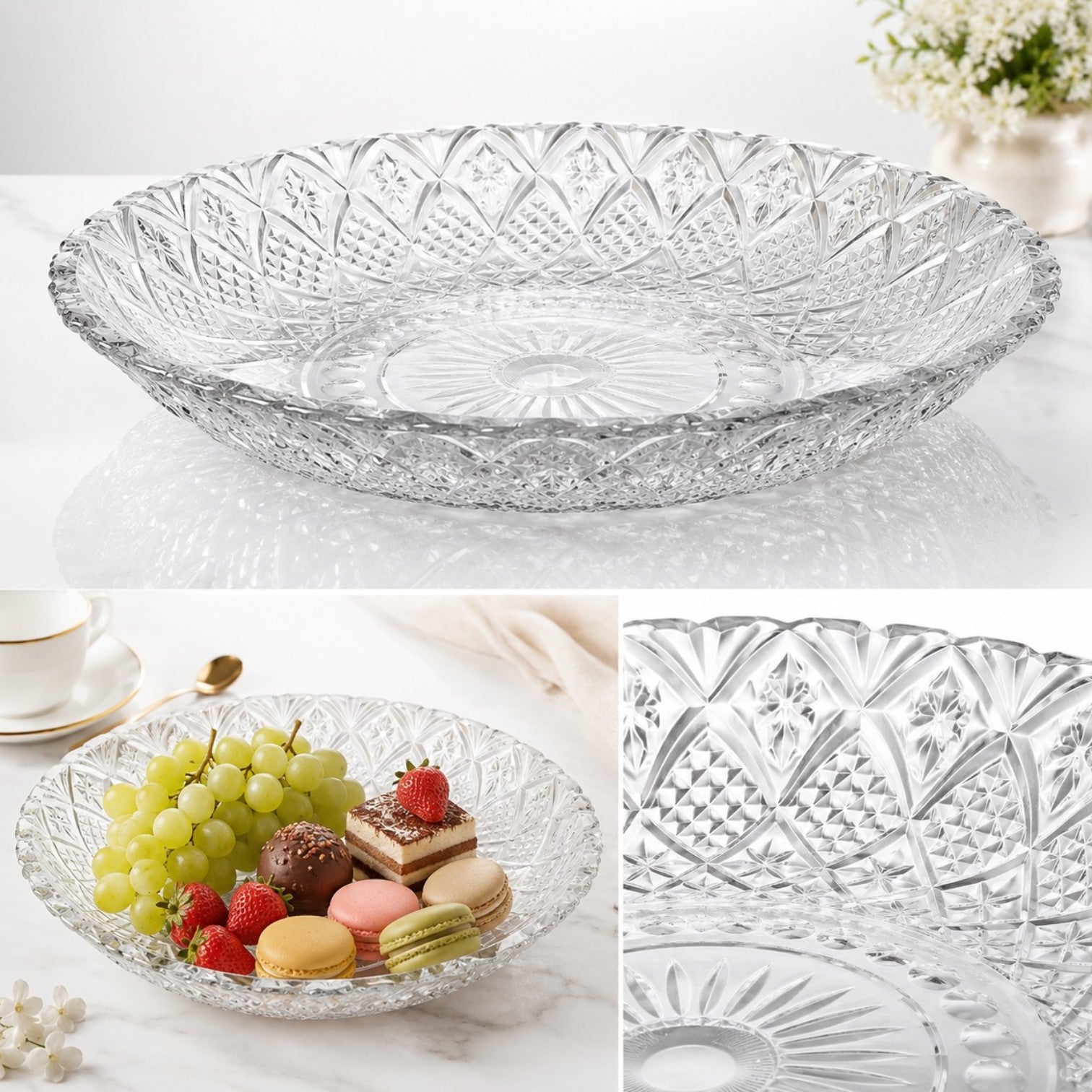 Platou din Sticlă 30cm, Model Cristal Floral Geometric, Transparent Engros