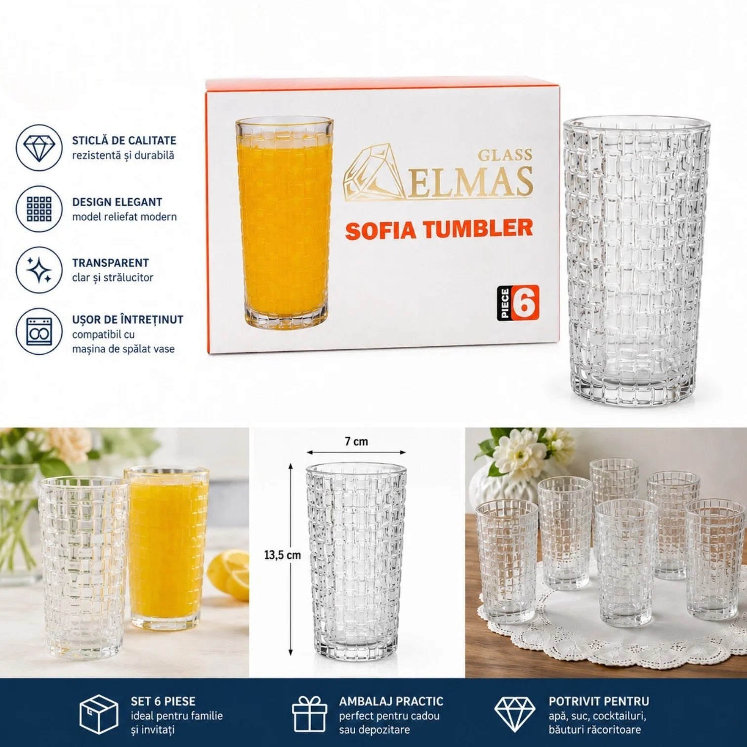 Pahar din Sticla 13.5x7cm, Transparent 6/set, cu Model Tip Cristal Engros