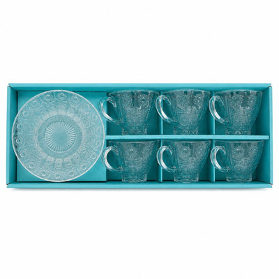 Ceasca din Sticla 6/set, cu Farfurie 14.5cm, Model cu Soare, 7x9cm Engros