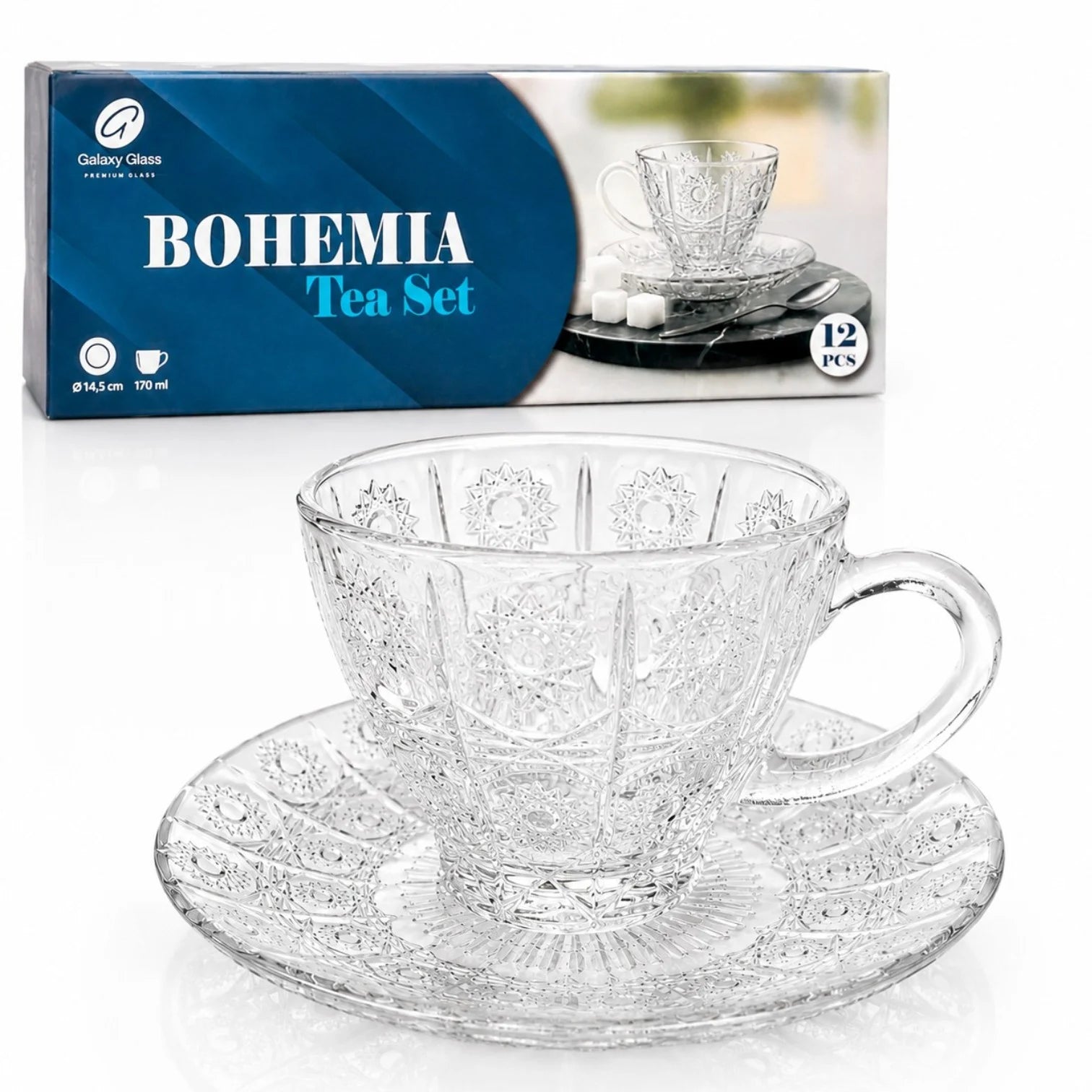 Ceasca din Sticla 6/set, cu Farfurie 14.5cm, Model cu Soare, 7x9cm Engros