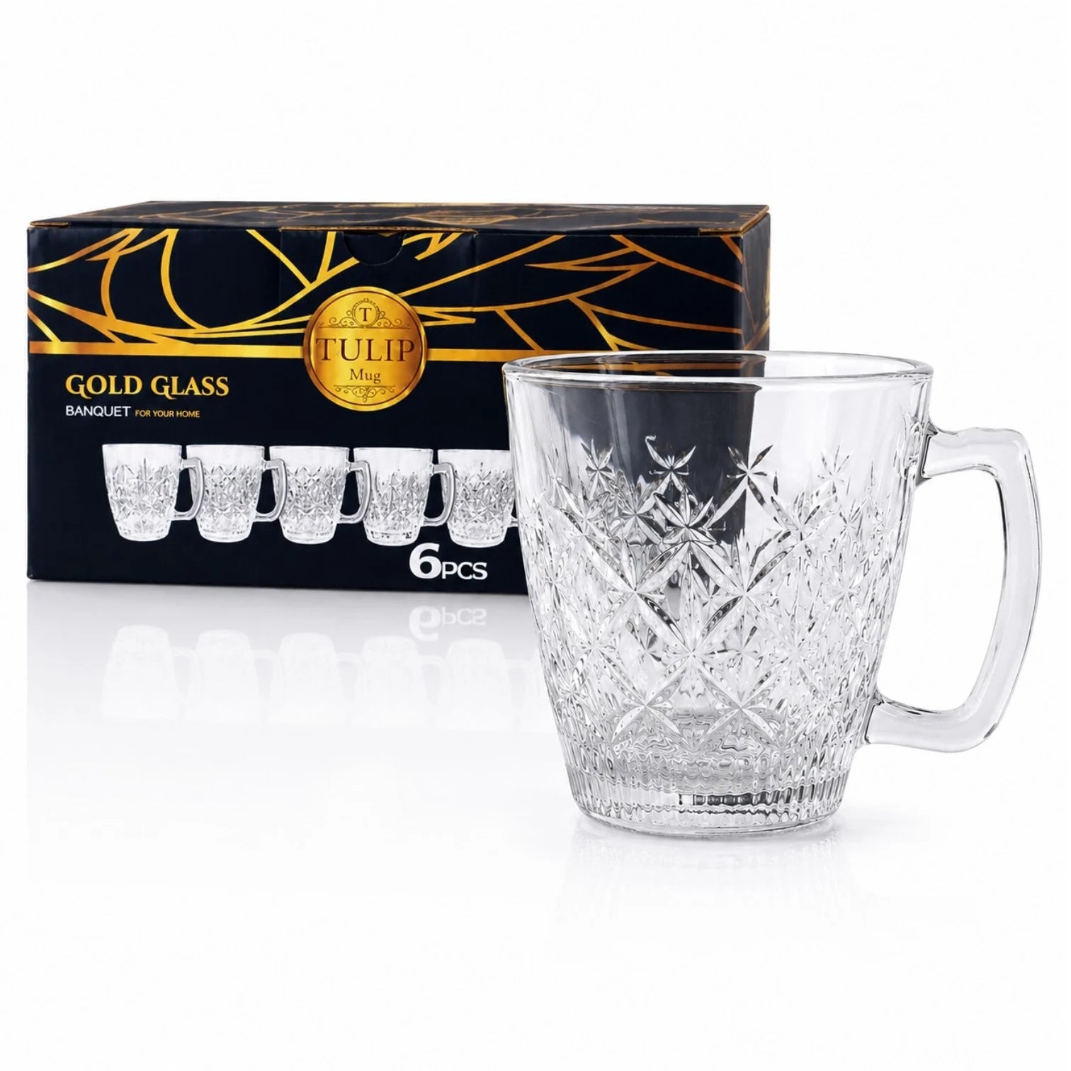 Cana din Sticla 6/set, Transparenta, 8x7.5x5cm, Model Cristal cu Maner Engros