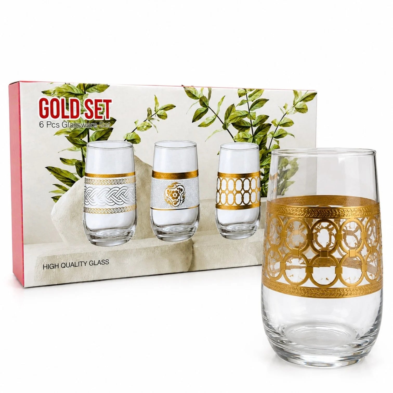 Pahar din Sticla 6/set, Model Gold 13cm Transparent Engros