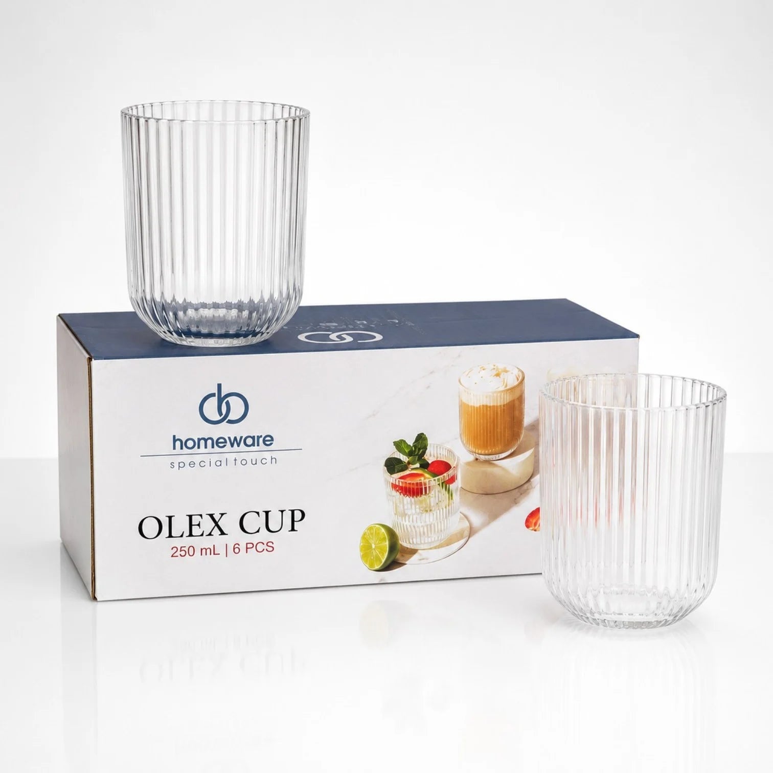 Pahar din Sticla 250ml, 6/set, Model Striat 9x7.5cm, Transparent Engros