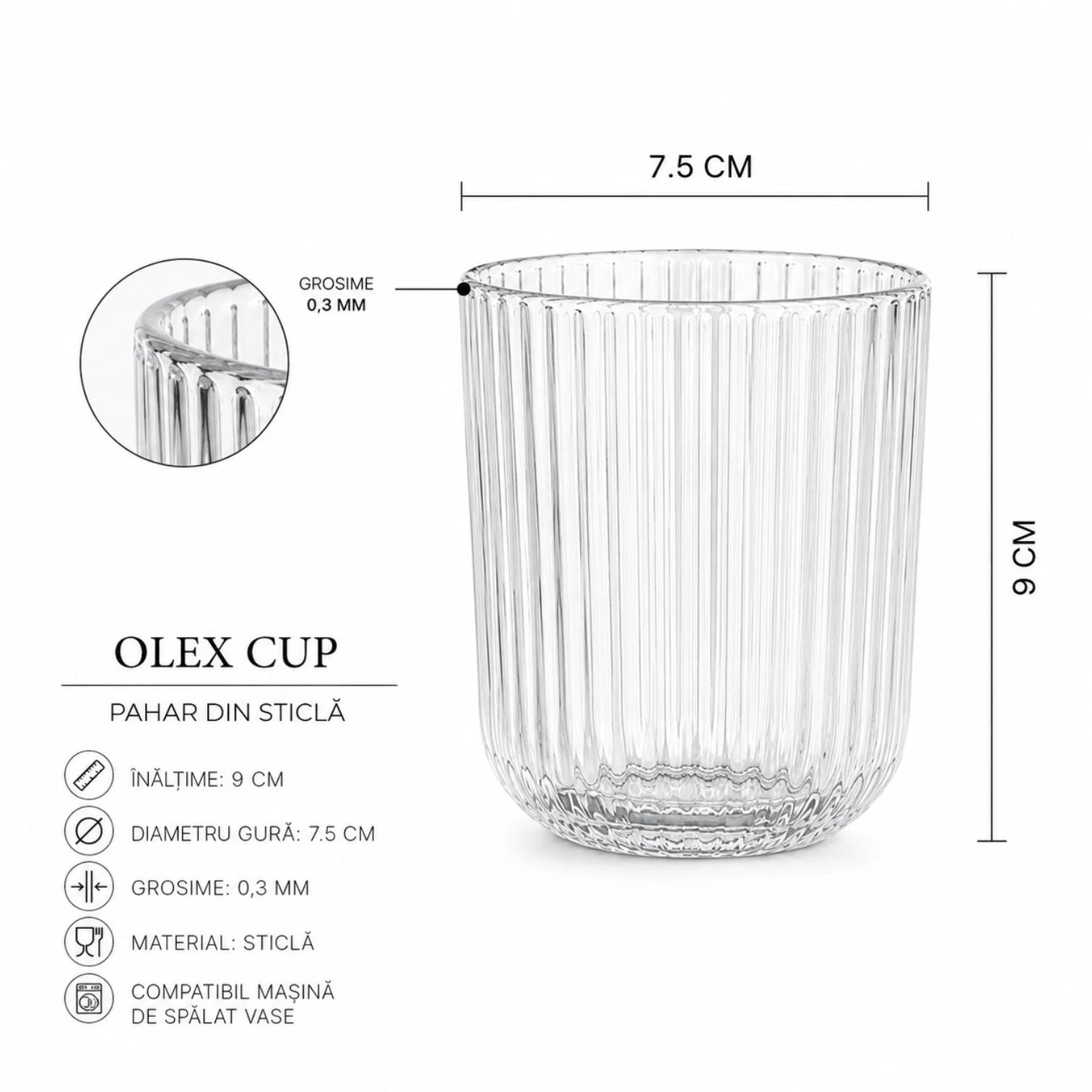 Pahar din Sticla 250ml, 6/set, Model Striat 9x7.5cm, Transparent Engros