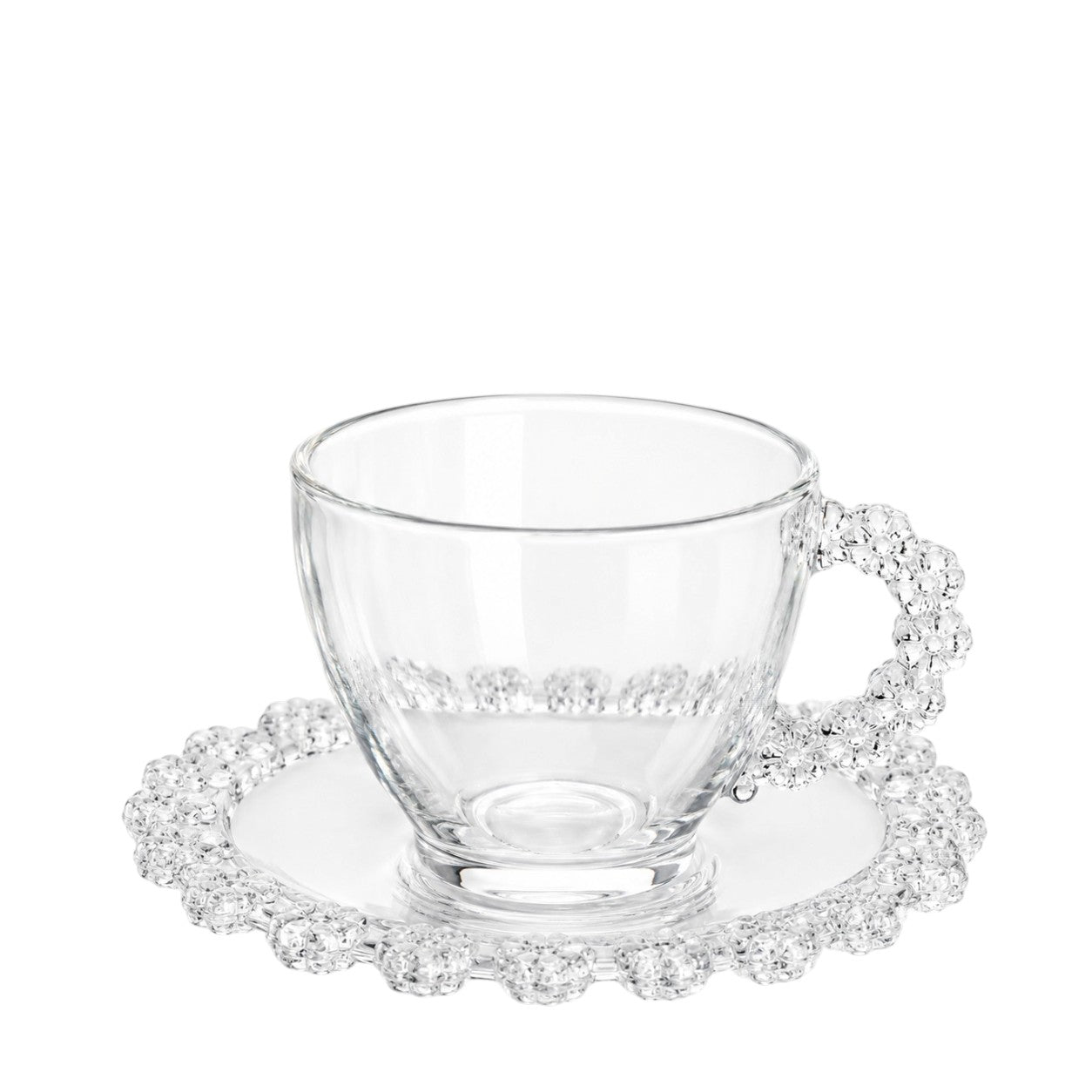 Cana 7cm cu Farfurioara 13.5cm, din Sticla 6/set, Model Floricele cu Maner, Transparenta Engros