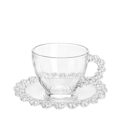 Cana 7cm cu Farfurioara 13.5cm, din Sticla 6/set, Model Floricele cu Maner, Transparenta Engros