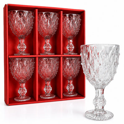 Pahar cu Picior 6/set, din Sticlă 14x7.5cm, Model Cristal Embosat, Transparent Engros