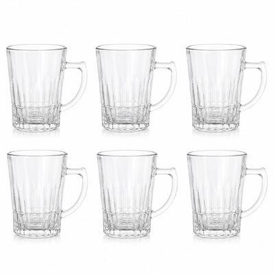 Cană din Sticlă 6/set, cu Mâner și Bază Striată 10x7cm, Transparentă Engros
