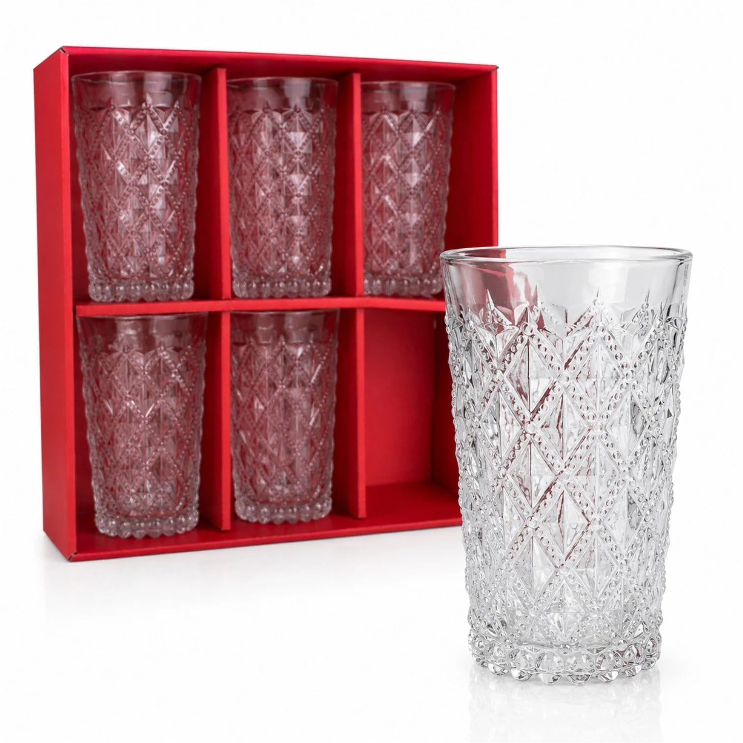 Pahar din Sticlă 6/set, Model Cristal 12.5cm, Embosat Tip Diamant, Transparent Engros