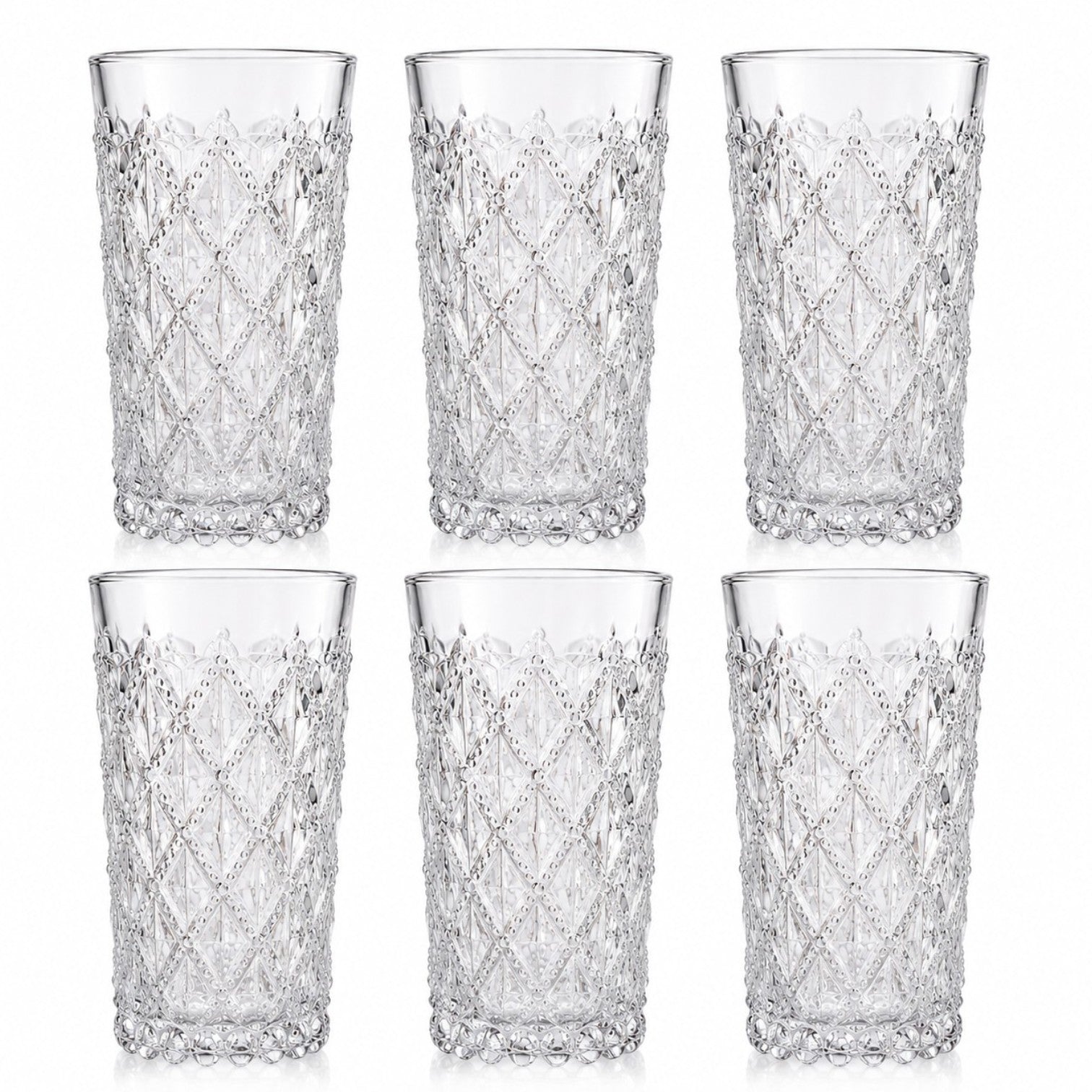 Pahar din Sticlă 6/set, Model Cristal 12.5cm, Embosat Tip Diamant, Transparent Engros