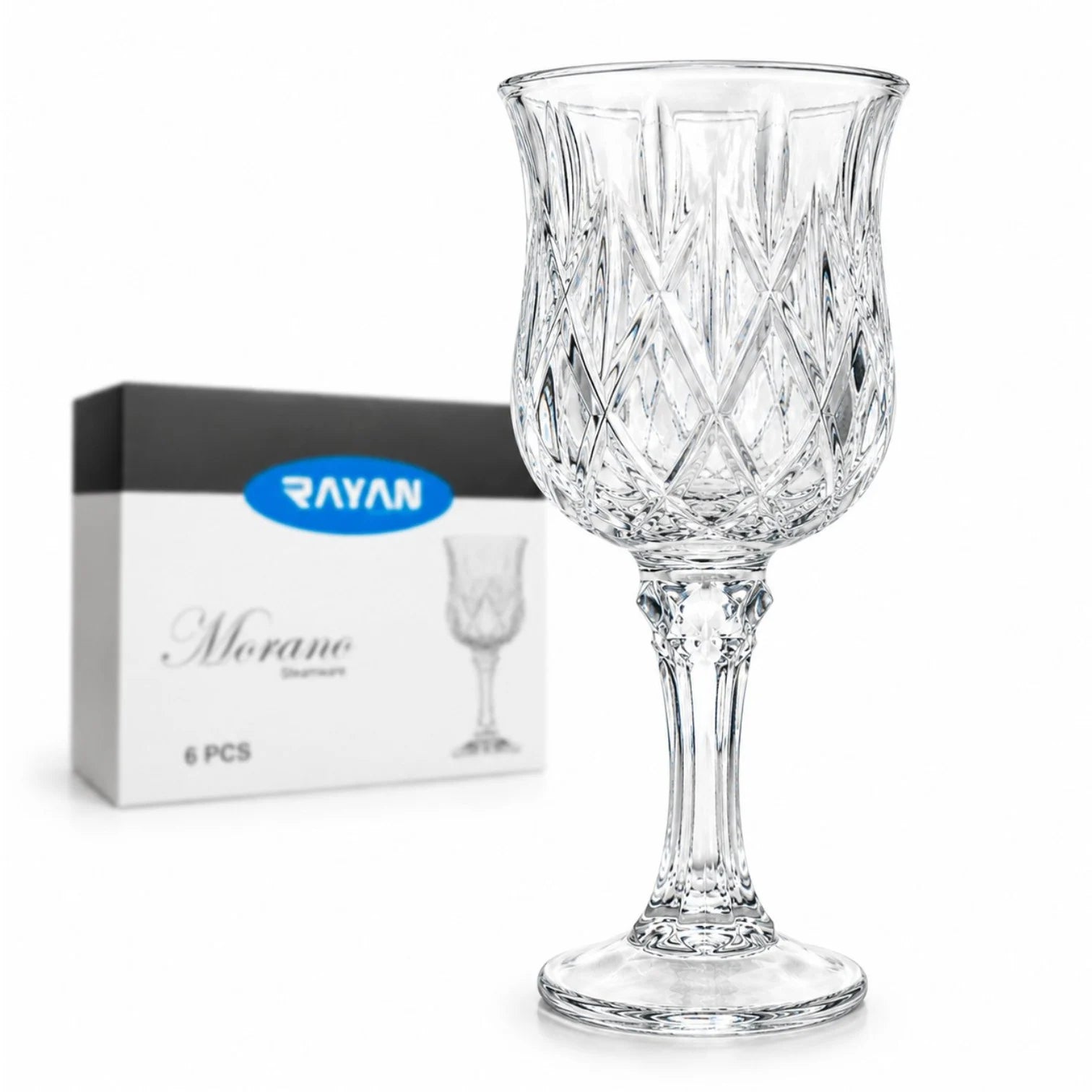 Pahar cu Picior 6/set, din Sticlă 16cm, Model Cristal Embosat, Transparent Engros