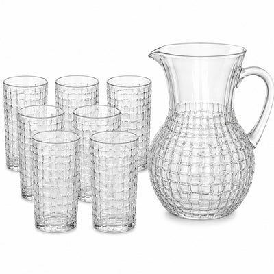 Carafa 22cm, cu 6 Pahare 13.5cm, din Sticlă Texturată, Model Împletit, Transparent Engros