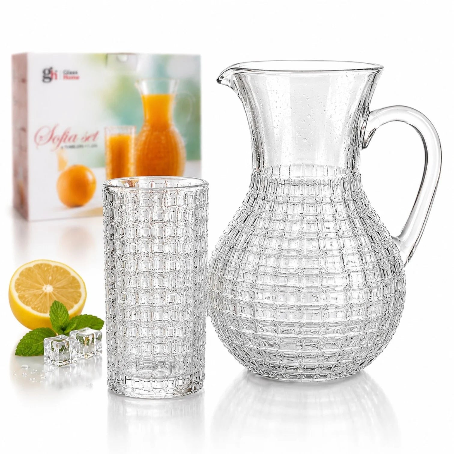 Carafa 22cm, cu 6 Pahare 13.5cm, din Sticlă Texturată, Model Împletit, Transparent Engros