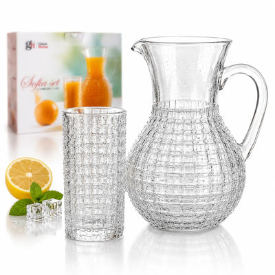 Carafa 22cm, cu 6 Pahare 13.5cm, din Sticlă Texturată, Model Împletit, Transparent Engros