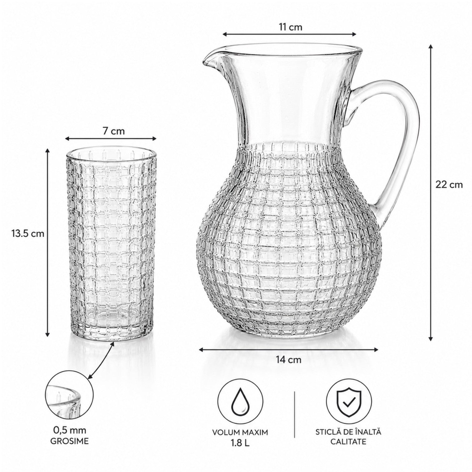 Carafa 22cm, cu 6 Pahare 13.5cm, din Sticlă Texturată, Model Împletit, Transparent Engros