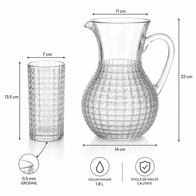 Carafa 22cm, cu 6 Pahare 13.5cm, din Sticlă Texturată, Model Împletit, Transparent Engros