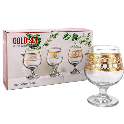 Pahar cu Picior 6/set, din Sticlă 13cm, Model cu Decor Auriu, Transparent Engros